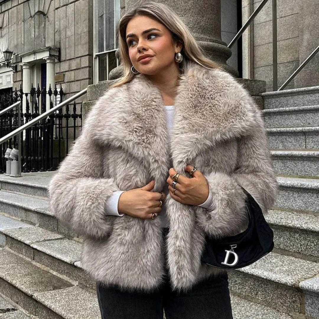 faux fur jacket, cropped jacket, womens winter coat, elegant outerwear, cozy fur jacket, stylish winter jacket, lapel collar coat, animal-friendly fashion, warm jacket, autumn fashion