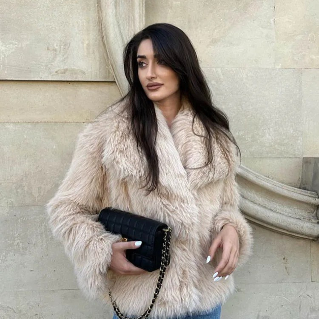 faux fur jacket, cropped jacket, womens winter coat, elegant outerwear, cozy fur jacket, stylish winter jacket, lapel collar coat, animal-friendly fashion, warm jacket, autumn fashion