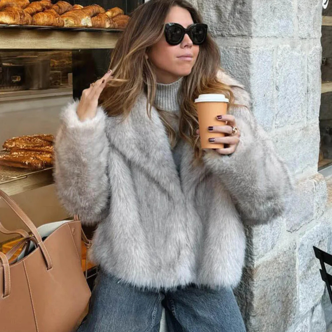 faux fur jacket, cropped jacket, womens winter coat, elegant outerwear, cozy fur jacket, stylish winter jacket, lapel collar coat, animal-friendly fashion, warm jacket, autumn fashion