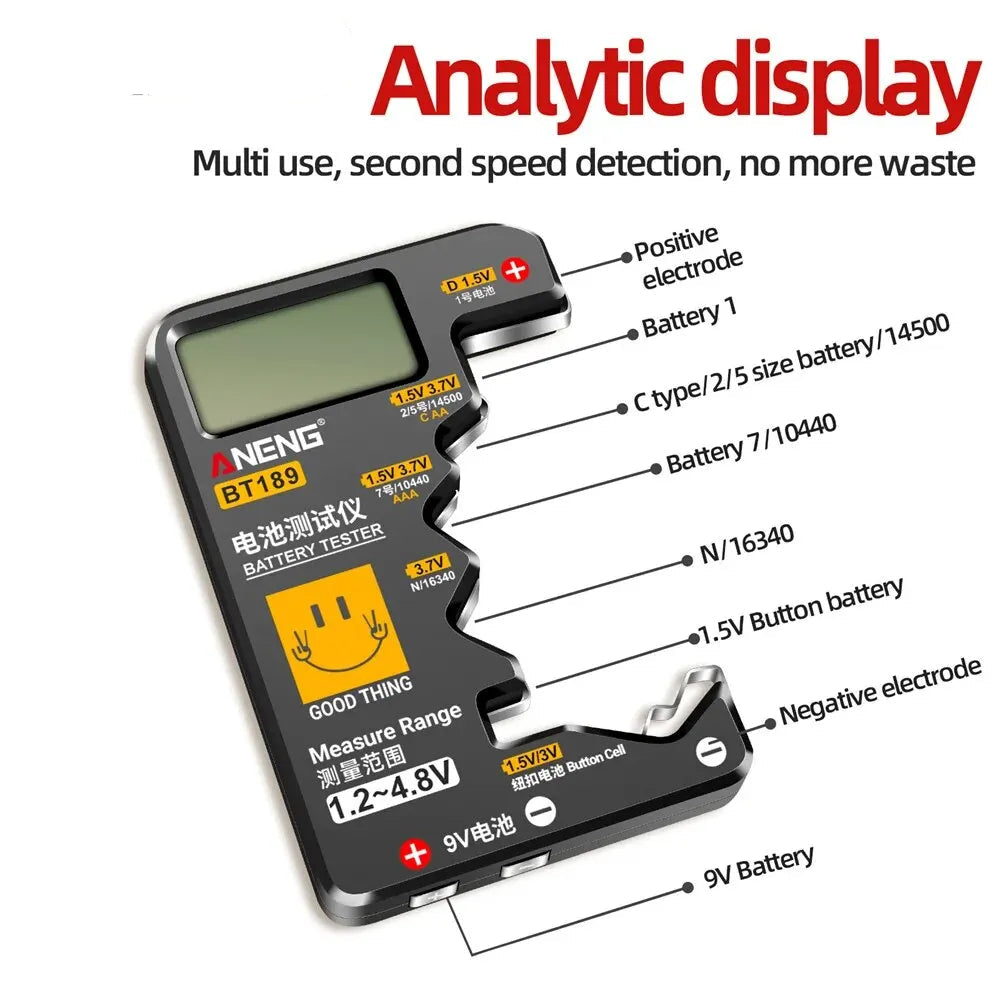 battery tester, lcd battery checker, universal battery tester, aa aaa battery tester, 9v battery tester, button cell tester, no power battery tester, home battery tool, battery level indicator, compact battery checker