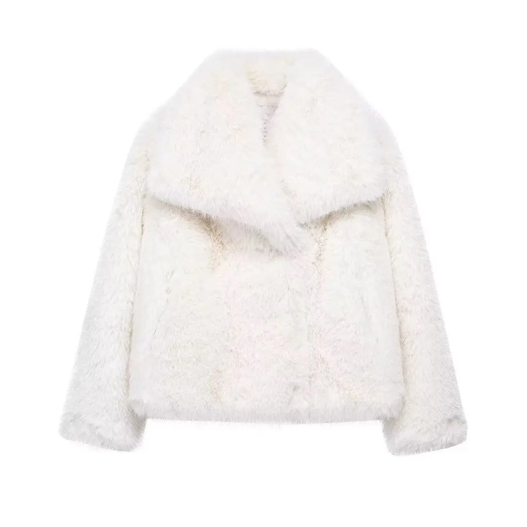 faux fur jacket, cropped jacket, womens winter coat, elegant outerwear, cozy fur jacket, stylish winter jacket, lapel collar coat, animal-friendly fashion, warm jacket, autumn fashion
