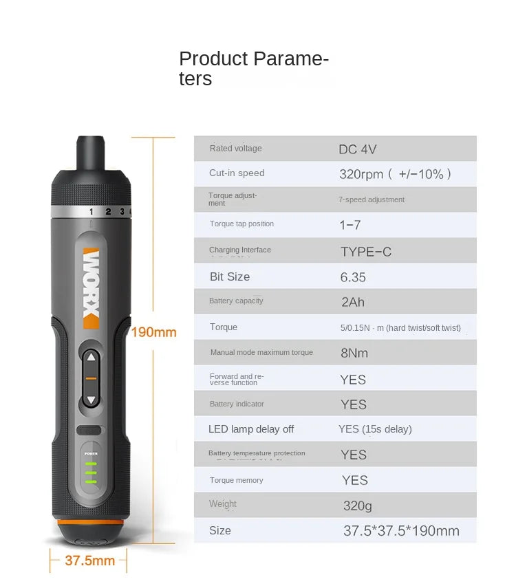 Worx 4V Electrical Screwdriver Sets WX242 Smart Cordless Electric Screwdrivers USB Rechargeable Handle 30 Bit Sets Power Tools