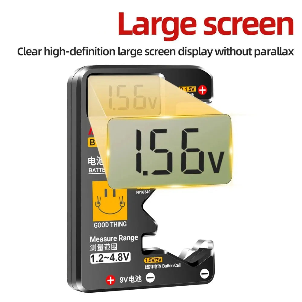 battery tester, lcd battery checker, universal battery tester, aa aaa battery tester, 9v battery tester, button cell tester, no power battery tester, home battery tool, battery level indicator, compact battery checker
