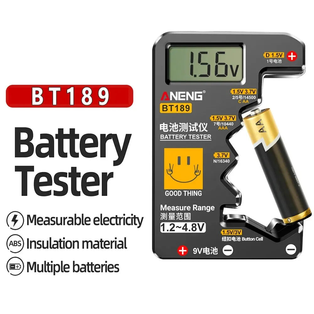 battery tester, lcd battery checker, universal battery tester, aa aaa battery tester, 9v battery tester, button cell tester, no power battery tester, home battery tool, battery level indicator, compact battery checker