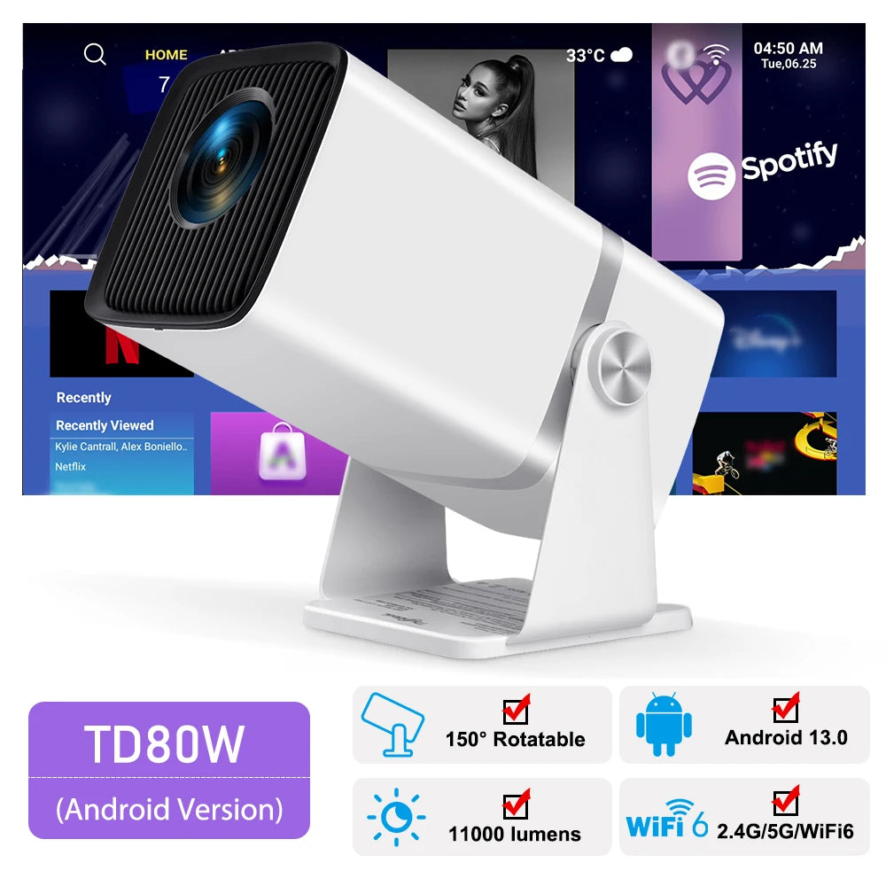 4k home projector, wifi projector, android smart projector, hdmi projector, bluetooth projector, 1080p projector, screen mirroring projector, 3d video projector, portable home cinema, thundeal td80w