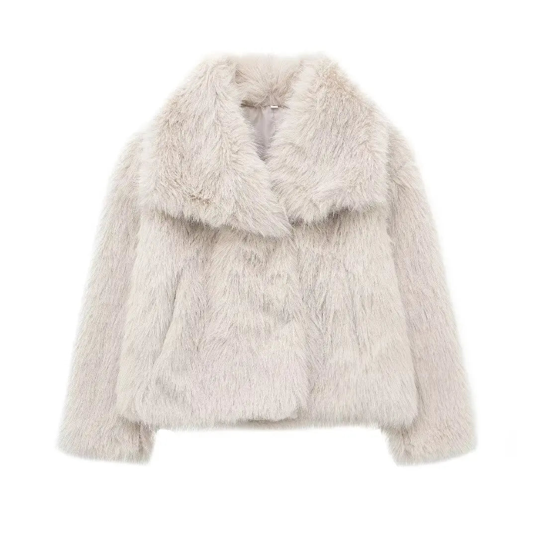 faux fur jacket, cropped jacket, womens winter coat, elegant outerwear, cozy fur jacket, stylish winter jacket, lapel collar coat, animal-friendly fashion, warm jacket, autumn fashion