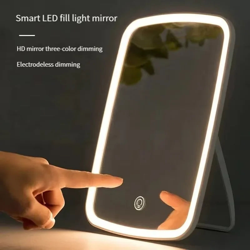 led makeup mirror, portable vanity mirror, travel makeup mirror, folding mirror, compact lighted mirror, touch screen mirror, usb powered mirror, desktop mirror, light up mirror, battery operated mirror