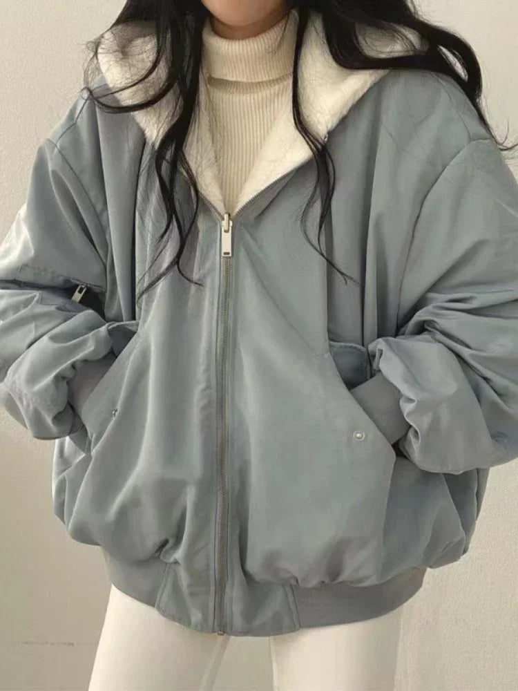 oversized jacket, womens winter coat, cozy jacket, double-sided jacket, stylish winter wear, lapel collar jacket, warm jacket, breathable coat, casual outerwear, elegant jacket