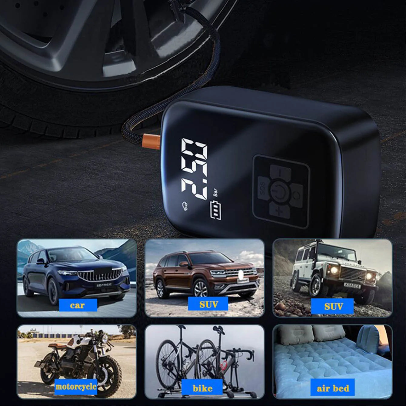 portable tire inflator, wireless air pump, 150psi air compressor, car tire pump, bike air inflator, motorcycle air pump, rechargeable tire inflator, digital air compressor, compact tire pump, usb air inflator