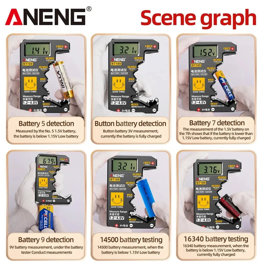 battery tester, lcd battery checker, universal battery tester, aa aaa battery tester, 9v battery tester, button cell tester, no power battery tester, home battery tool, battery level indicator, compact battery checker