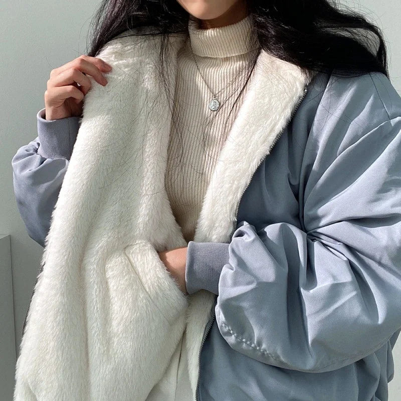 oversized jacket, womens winter coat, cozy jacket, double-sided jacket, stylish winter wear, lapel collar jacket, warm jacket, breathable coat, casual outerwear, elegant jacket