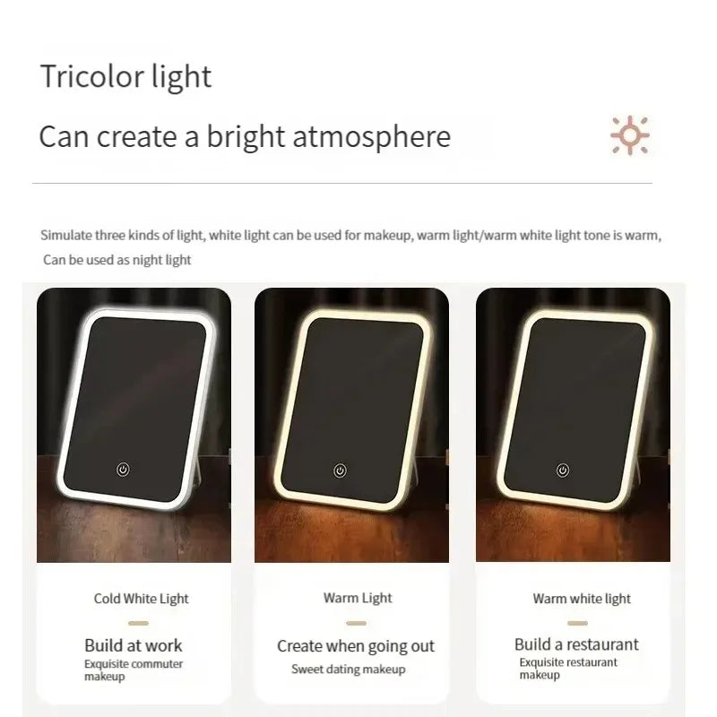 led makeup mirror, portable vanity mirror, travel makeup mirror, folding mirror, compact lighted mirror, touch screen mirror, usb powered mirror, desktop mirror, light up mirror, battery operated mirror