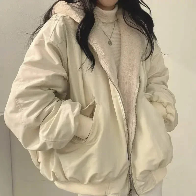 oversized jacket, womens winter coat, cozy jacket, double-sided jacket, stylish winter wear, lapel collar jacket, warm jacket, breathable coat, casual outerwear, elegant jacket