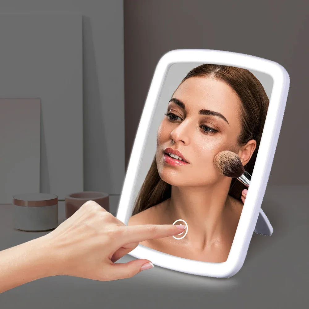 led makeup mirror, portable vanity mirror, travel makeup mirror, folding mirror, compact lighted mirror, touch screen mirror, usb powered mirror, desktop mirror, light up mirror, battery operated mirror