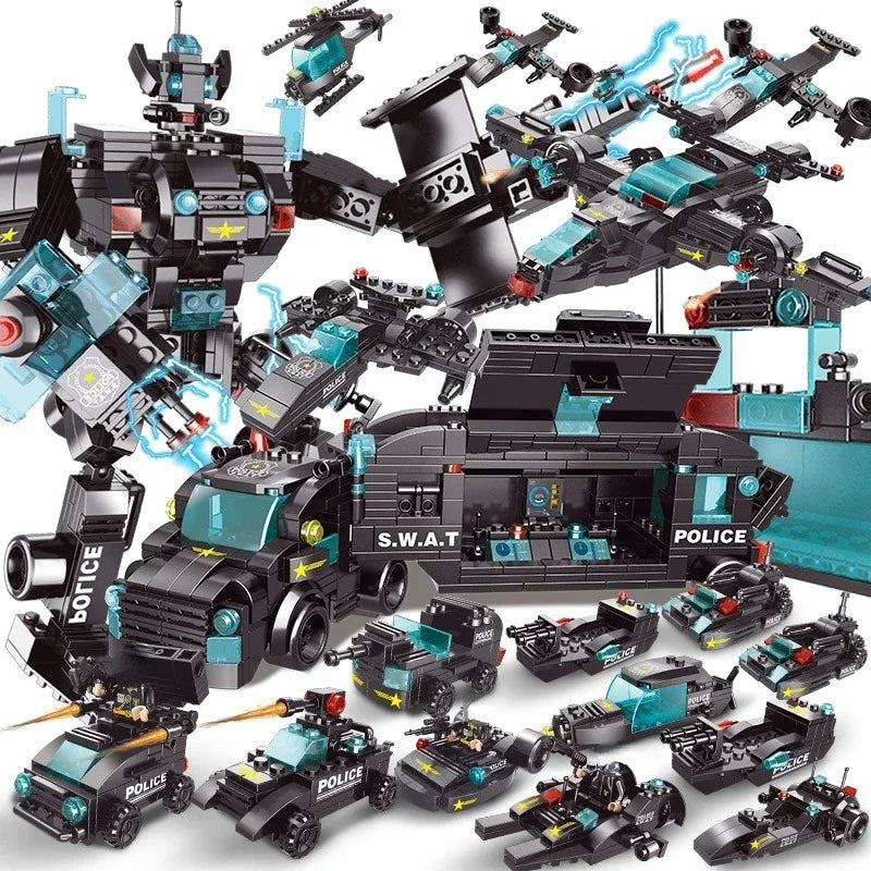 building blocks, police truck toy, LEGO compatible, kids construction set, police playset, educational toy, SWAT toy, robot building set, creative toys, gifts for kids