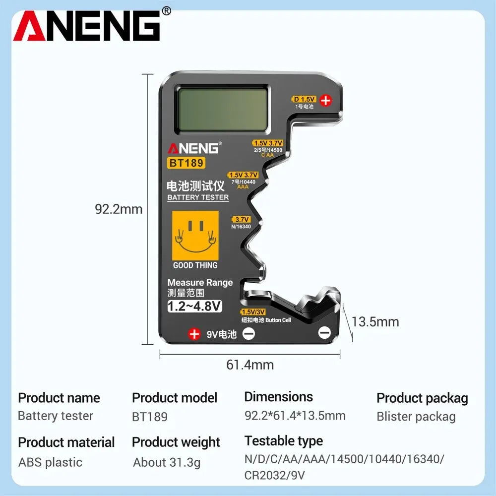 battery tester, lcd battery checker, universal battery tester, aa aaa battery tester, 9v battery tester, button cell tester, no power battery tester, home battery tool, battery level indicator, compact battery checker